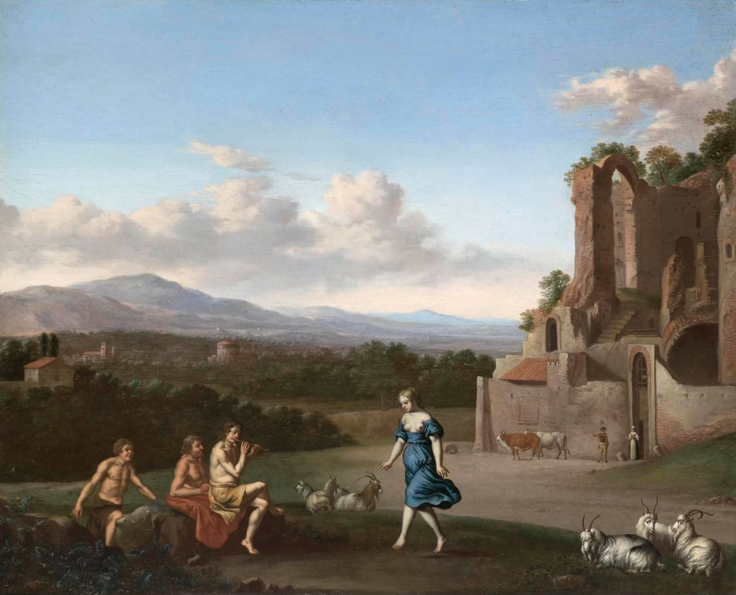Paesaggio arcadico con pastore che suona il flauto e pastorella danzante, con sfondo l'acquedotto dell'Aqua Julia a Roma